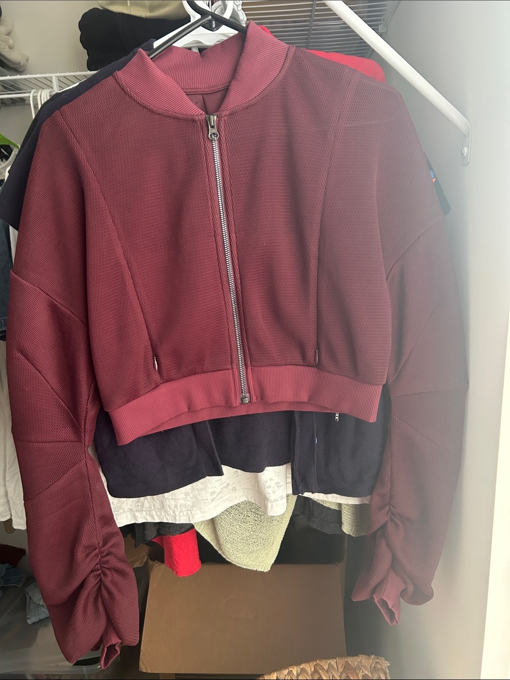 ALO Yoga Burgundy Cropped Zip Bomber Jacket